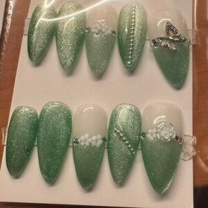 Green Glitter Press On Nails | Long Stiletto with Rhinestones & Butterfly Charm|